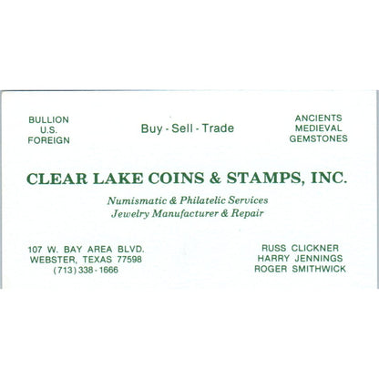 BJs Rock & Gem Shop Clear Lake Coins & Stamps Webster TX Business Card SE3-B7