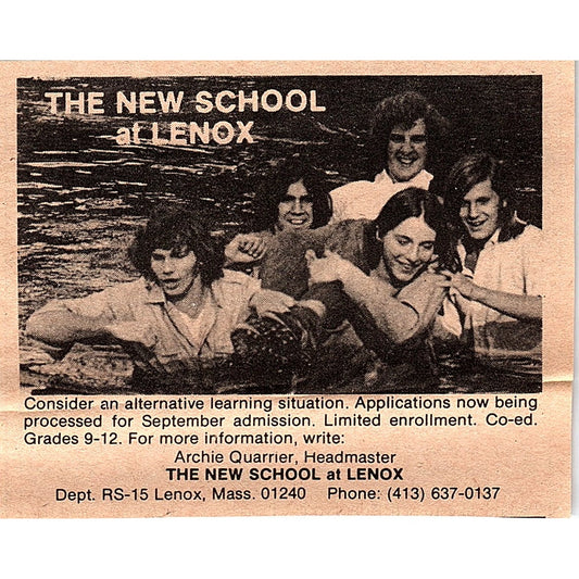 The New School at Lenox Archie Quarrier Lenox MA 3x4 1974 Ad AF6-M1