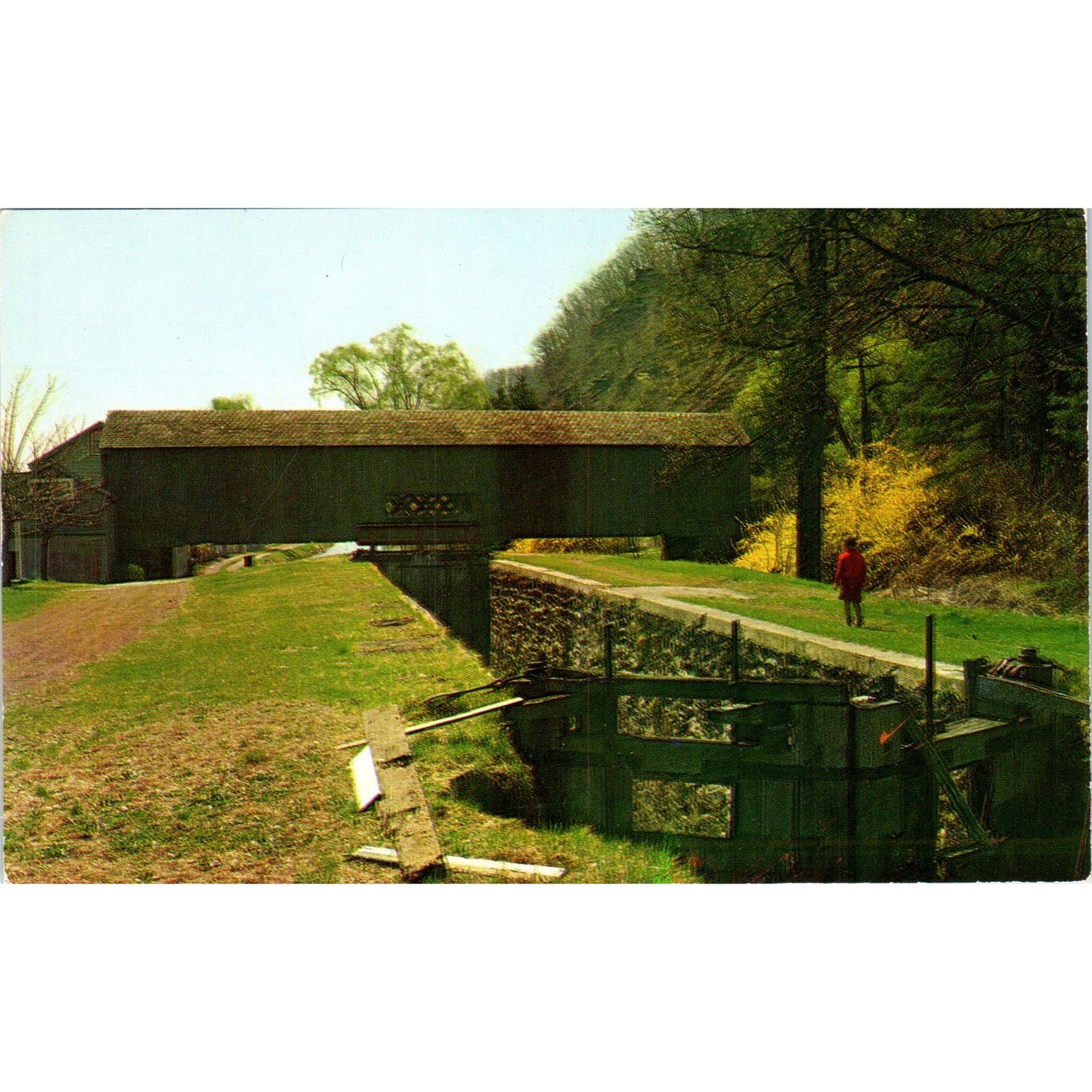 Uhlerstown Bucks County PA Canal Lock and Covered Bridge Postcard PC3