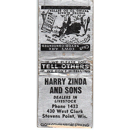 Harry Zinda & Sons Livestock Dealers Stevens Point WI Vtg Matchbook Cover SC7-Y2