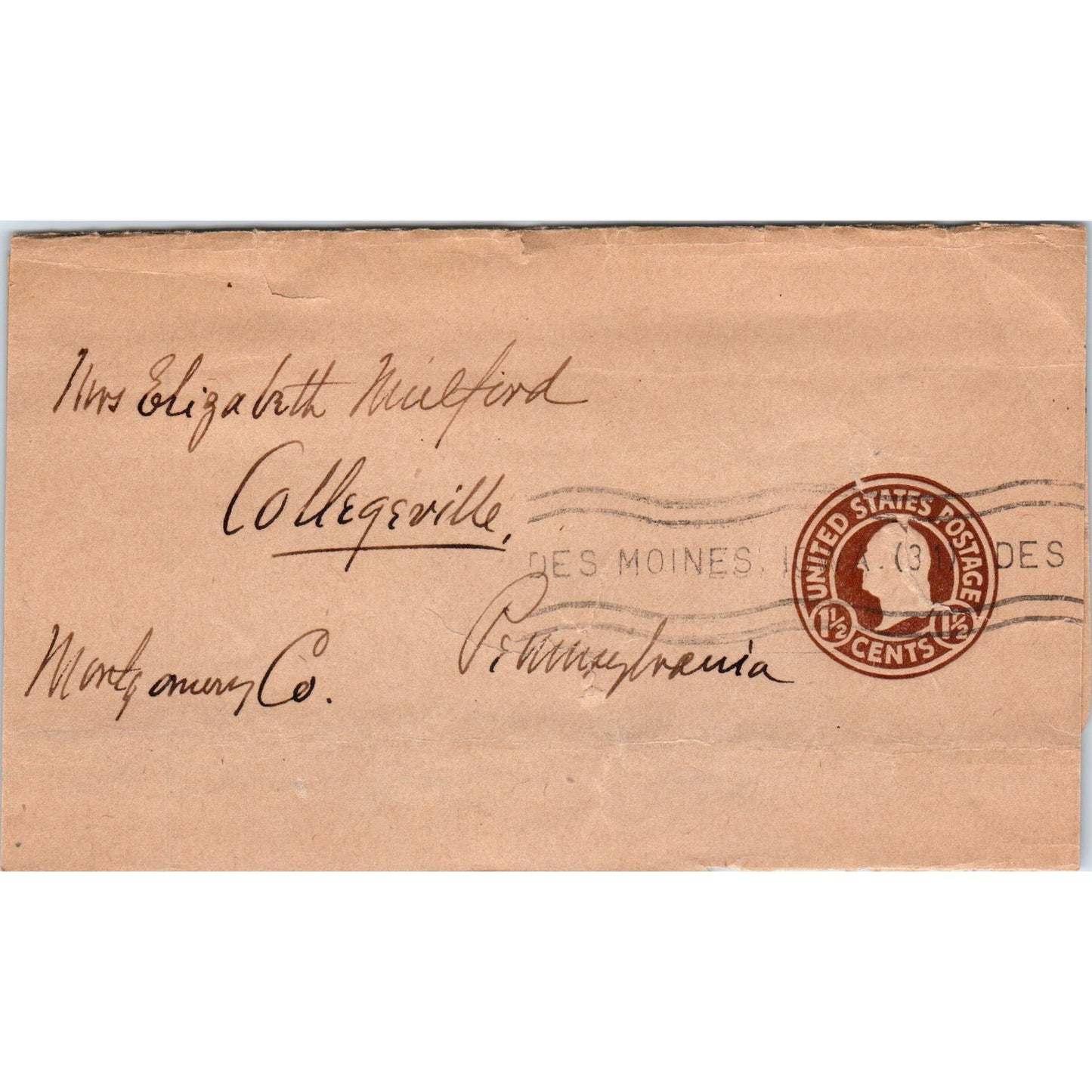 Elizabeth Mulford Collegeville PA Des Moines Cancellation Postal Cover Ai5-PCL