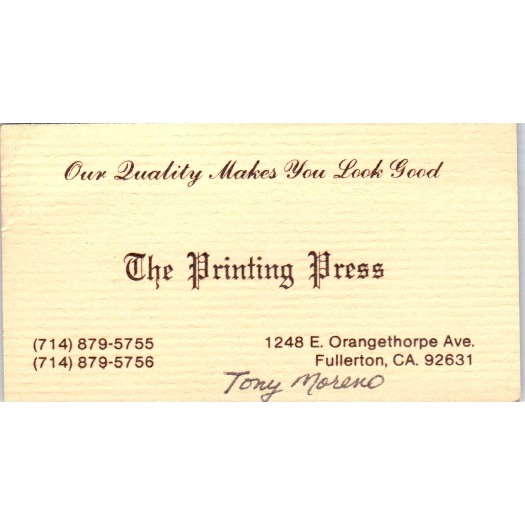 The Printing Press Tony Moreno Fullerton CA Vintage Business Card SD4-B3