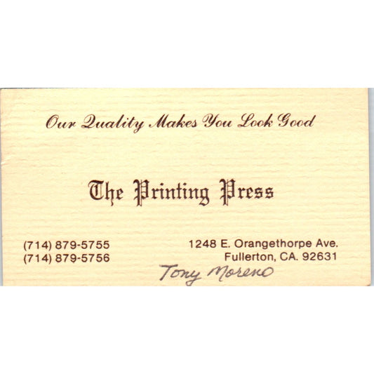 The Printing Press Tony Moreno Fullerton CA Vintage Business Card SD4-B3