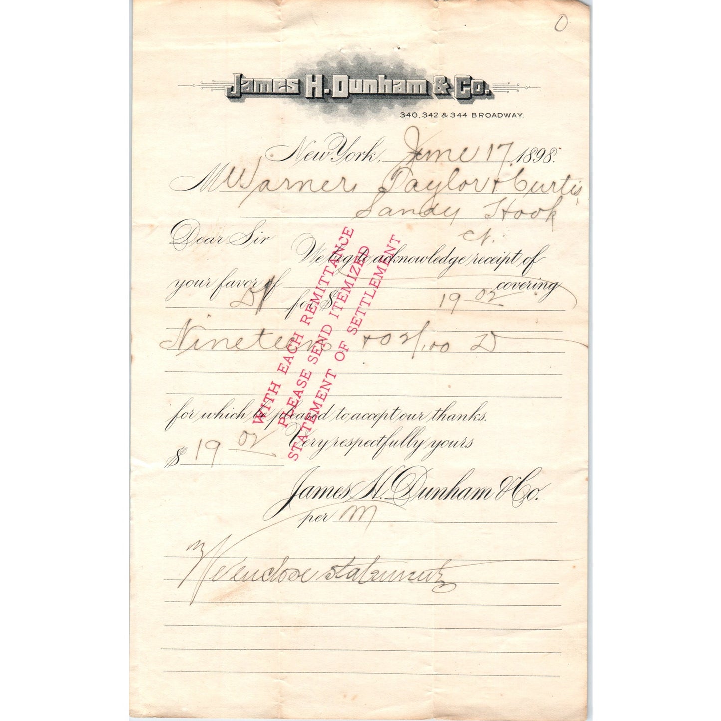 1898 James H. Dunham & Co Broadway NY Receipt Letterhead D24