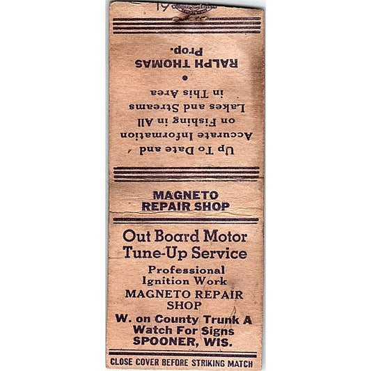 Magneto Repair Shop Ralph Thomas Spooner WI Vintage Matchbook Cover SC7-Y11