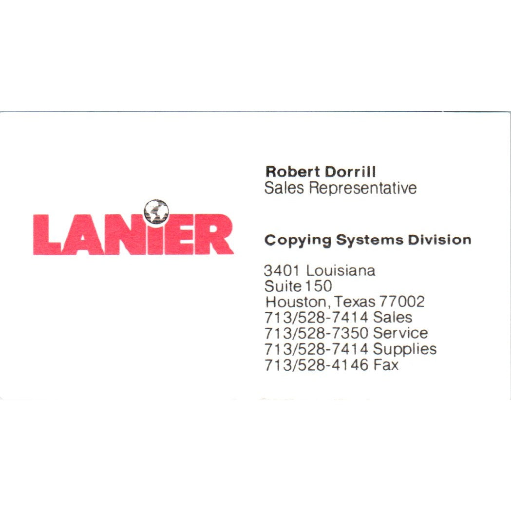 Lanier Copying Systems Division Robert Dorrill Houston Vtg Business Card SD8-B19