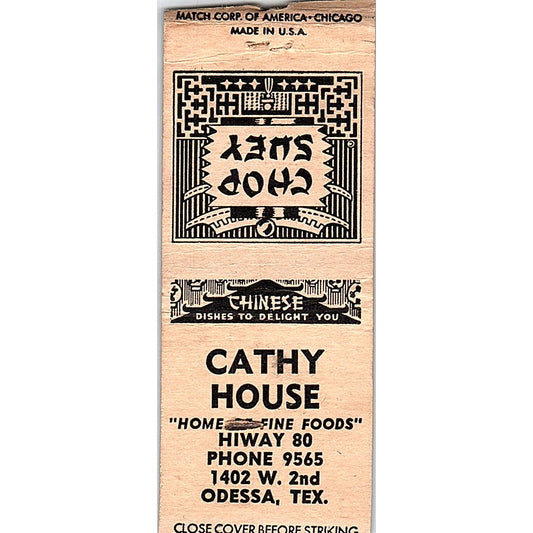 Cathy House Chinese Food Chop Suey Odessa TX Vintage Matchbook Cover SC7-Y8