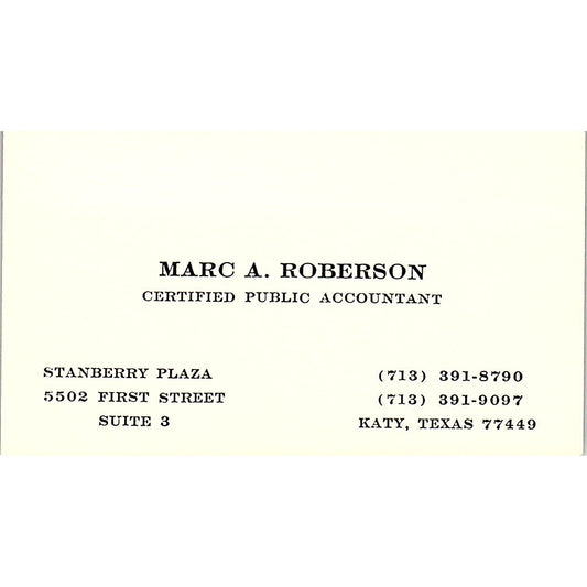 Marc A Roberson CPA Katy TX Vintage Business Card SD9-B1