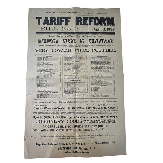 Mammoth Store at Smithville Absecon NJ McKinley Tariff Reform Broadside AI19-1