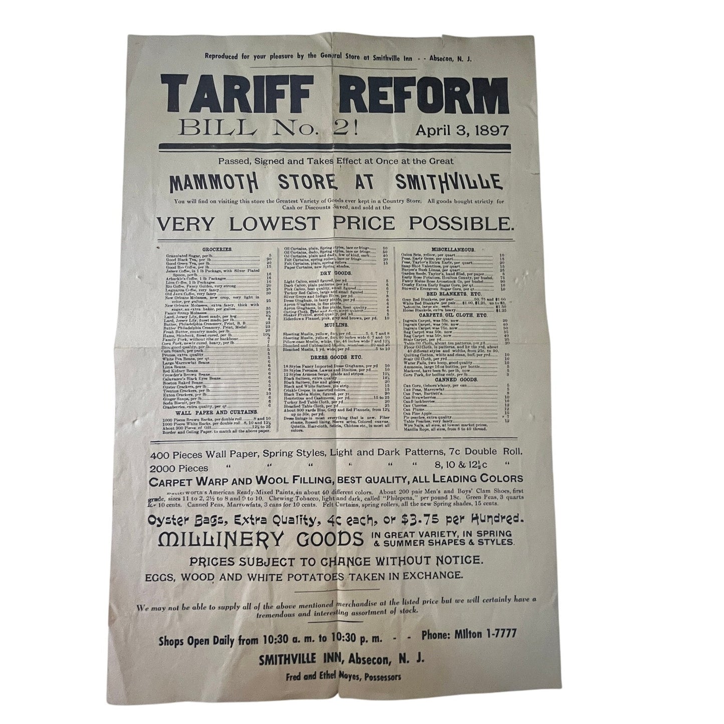 Mammoth Store at Smithville Absecon NJ McKinley Tariff Reform Broadside AJ1-1