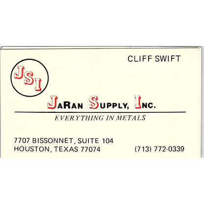 Jaran Supply Inc JSI Cliff Swift Houston Vintage Business Card SC9-B12