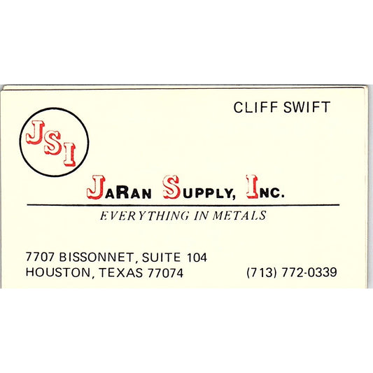 Jaran Supply Inc JSI Cliff Swift Houston Vintage Business Card SC9-B12