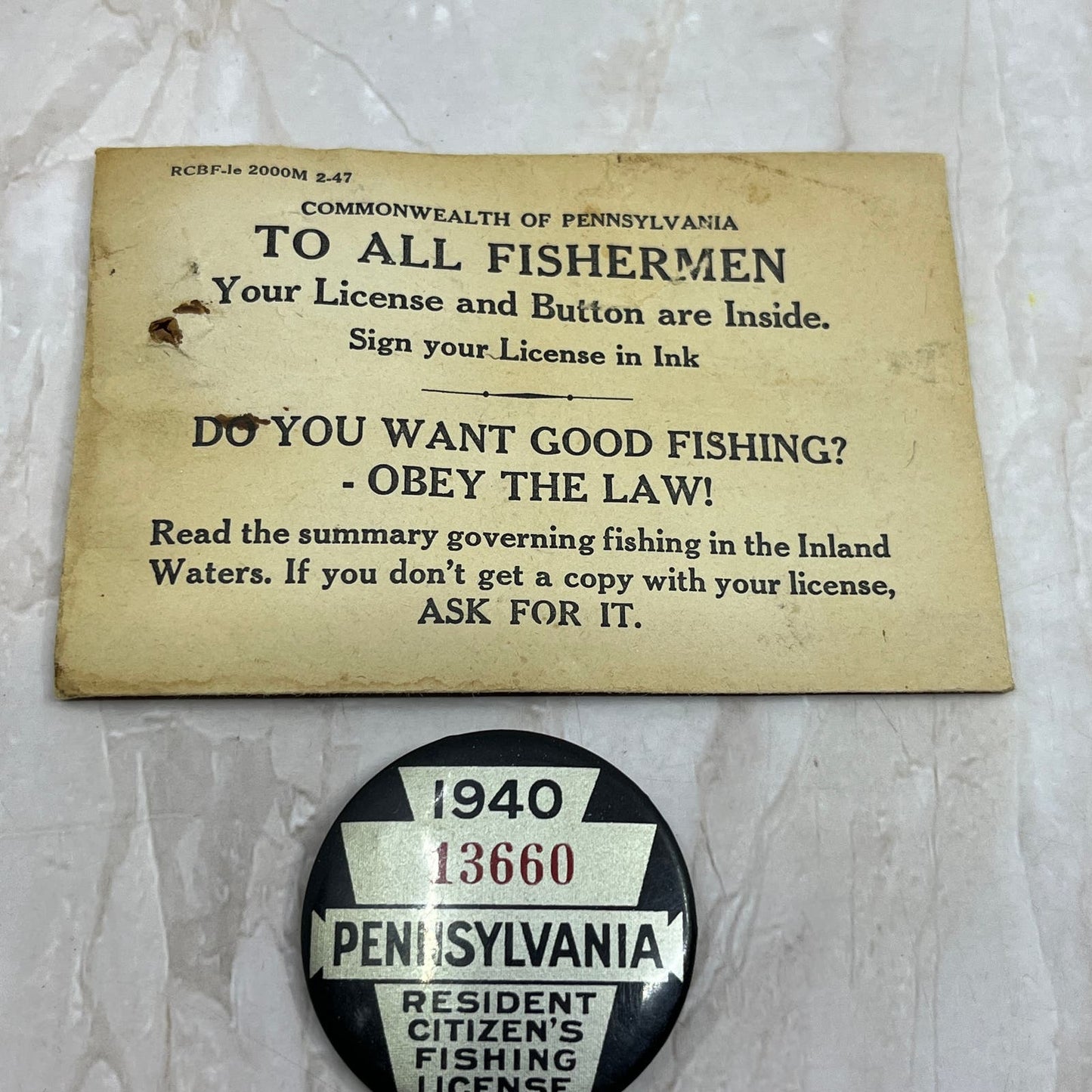 1940 Pennsylvania Resident Citizen Fishing License Badge & Envelope TF5-L3