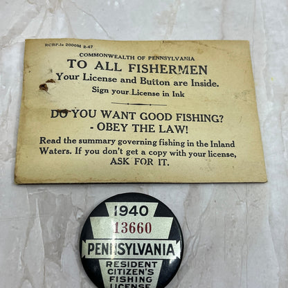 1940 Pennsylvania Resident Citizen Fishing License Badge & Envelope TF5-L3