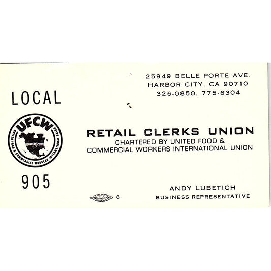 Andy Lubetich Local UFCW 905 Harbor City CA Vintage Business Card SC9-B13