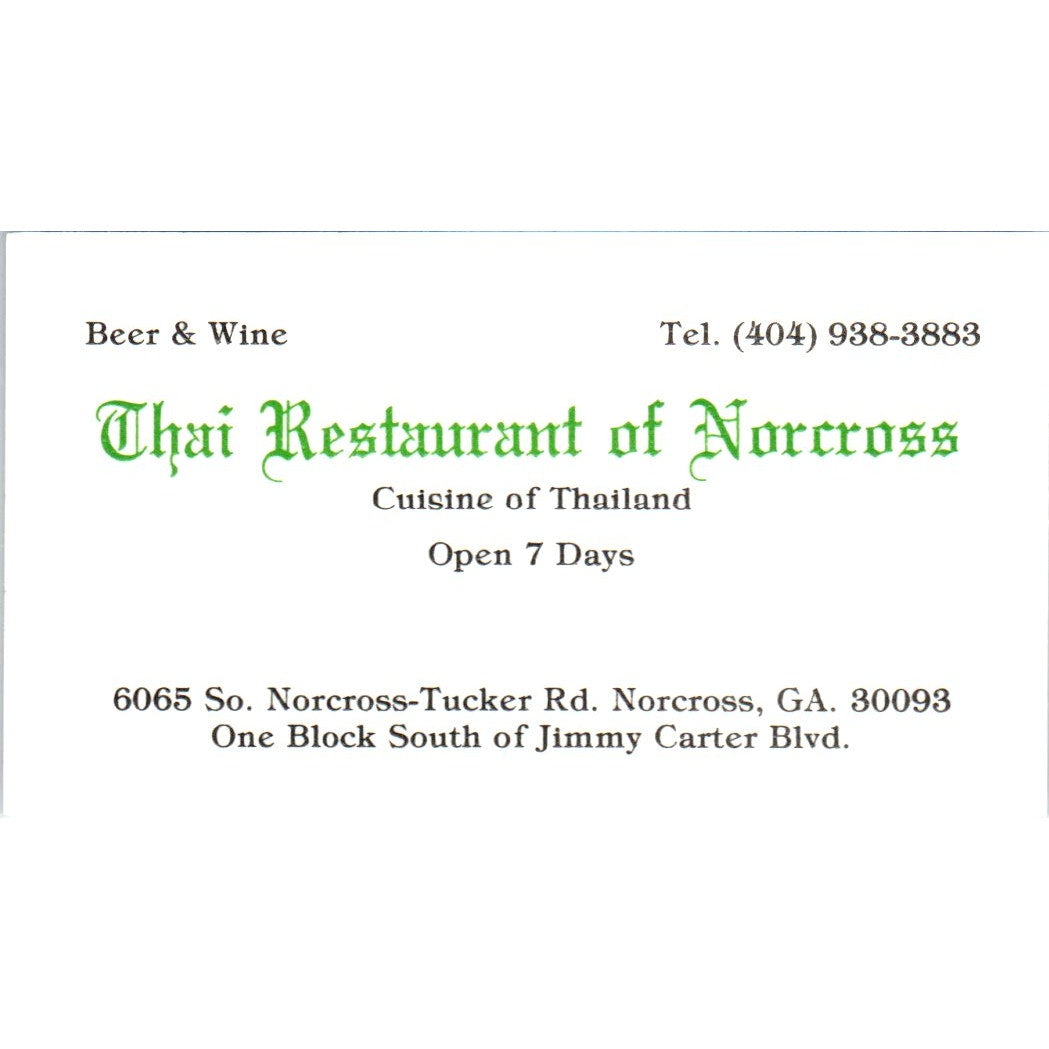 Thai Restaurant of Norcross GA Vintage Business Card SE3-B6