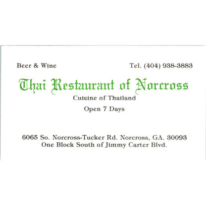 Thai Restaurant of Norcross GA Vintage Business Card SE3-B6