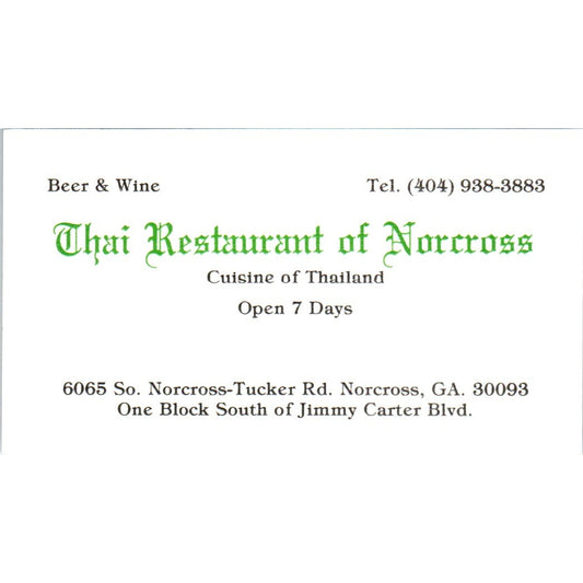 Thai Restaurant of Norcross GA Vintage Business Card SE3-B6