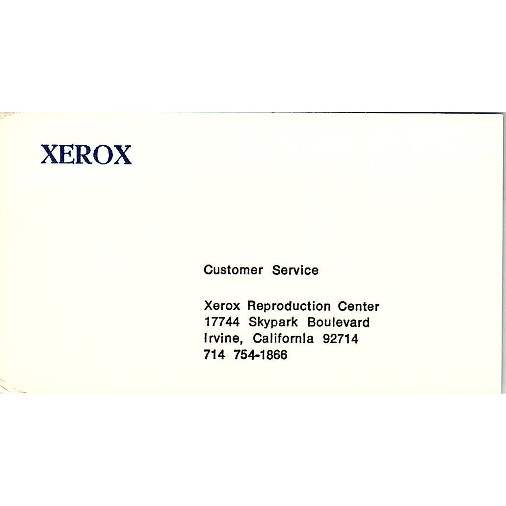 Xerox Reproduction Center Irvine CA Vintage Business Card SB4-B10