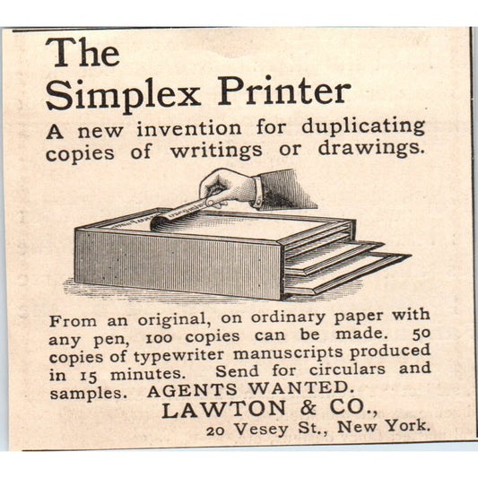 Simplex Printer Lawton & Co Vesey St. NY 1892 Magazine Ad AB6-4