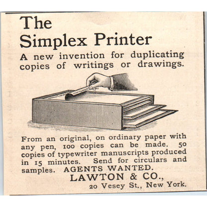 Simplex Printer Lawton & Co Vesey St. NY 1892 Magazine Ad AK6-M2