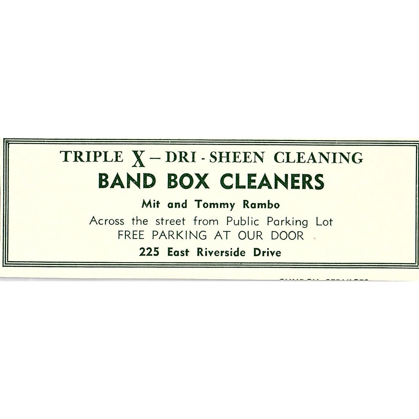 Band Box Cleaners Mit & Tommy Rambo, Brinwood Ranch 1957 Estes Park CO Ad AG4-M1