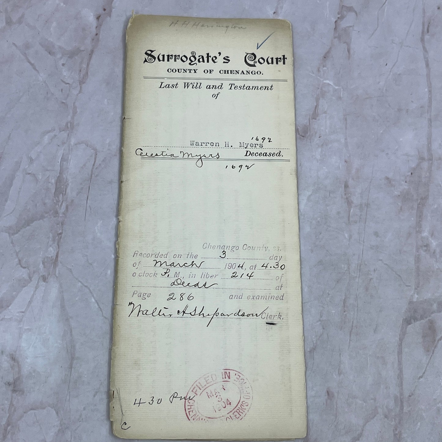 1904 New Berlin Chenango County Court Will and Testament Warren H. Myers TJ5-E2
