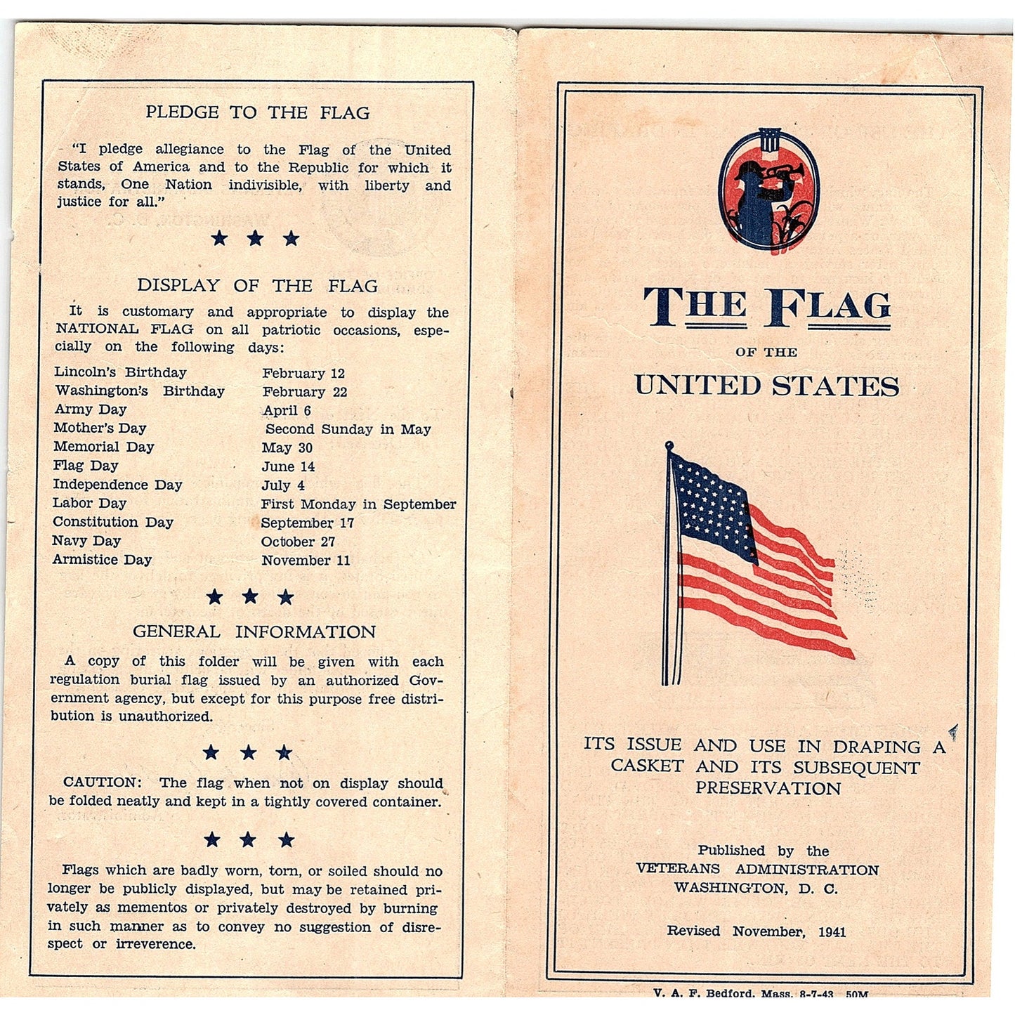 1943 WWII The Flag of the US Issue and Use in Casket Draping Brochure AF3-10