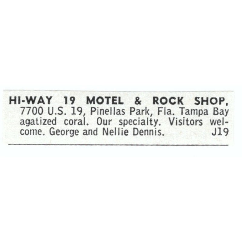 Hi-Way 19 Motel & Rock Shop George Dennis Pinellas Park FL 1964 Ad AB6-LJS6