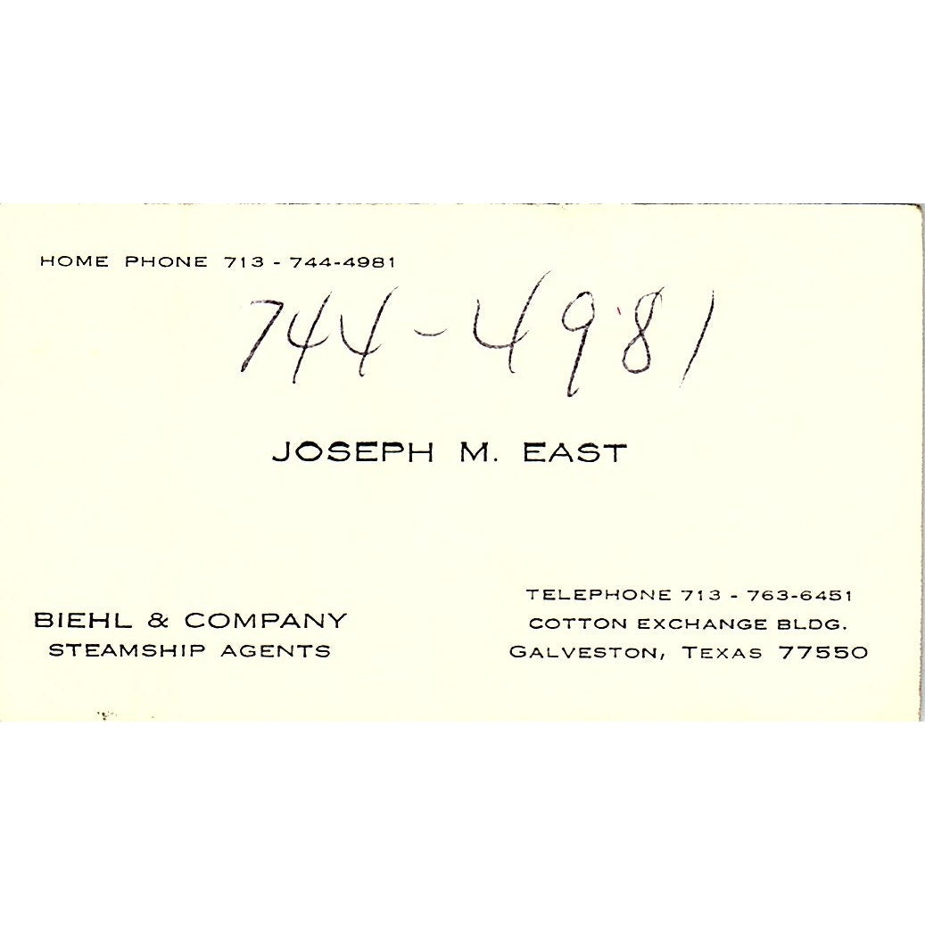 Biehl & Company Joseph M. East Galveston Texas Vintage Business Card SB4-B11