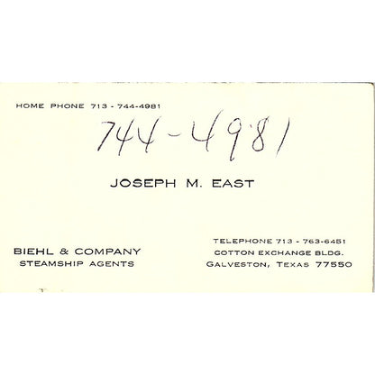 Biehl & Company Joseph M. East Galveston Texas Vintage Business Card SB4-B11