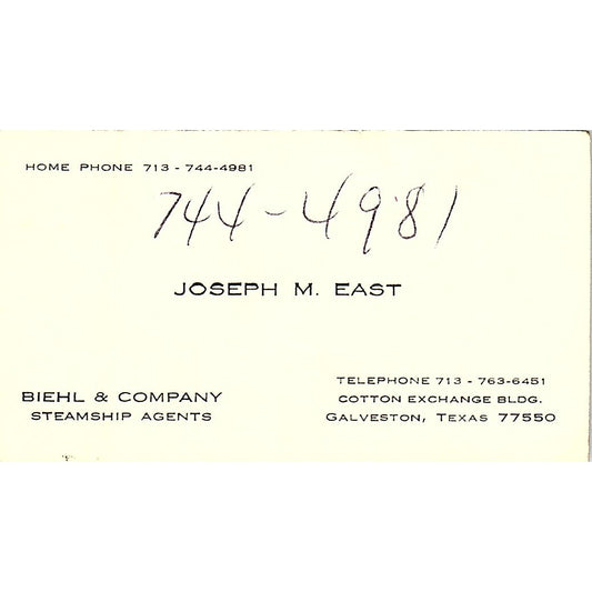 Biehl & Company Joseph M. East Galveston Texas Vintage Business Card SB4-B11