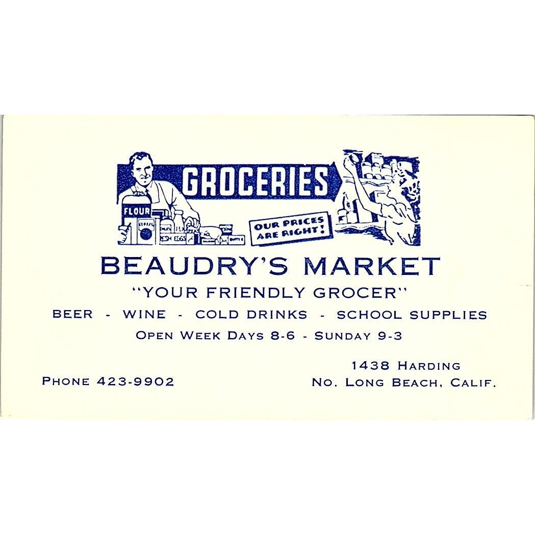 Beaudry's Market Your Friendly Grocer Long Beach Vintage Business Card SD9-B11