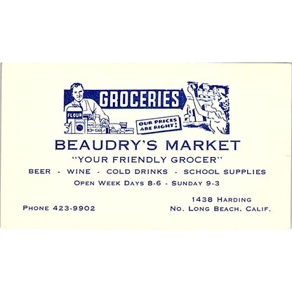 Beaudry's Market Your Friendly Grocer Long Beach Vintage Business Card SD9-B11