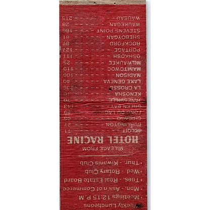 Hotel Racine Lake Michigan WI Vintage Matchbook Cover SC7-Y9