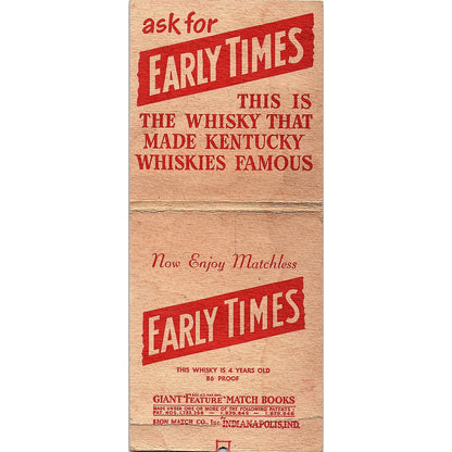 Early Times Distillery Co Louisville KY Giant Matchbook Cover TH2-Y4