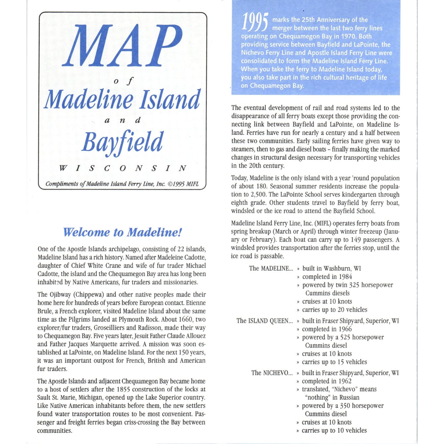 Vintage Map of Madeline Island and Bayfield County WI 1995 Brochure TF4-B3