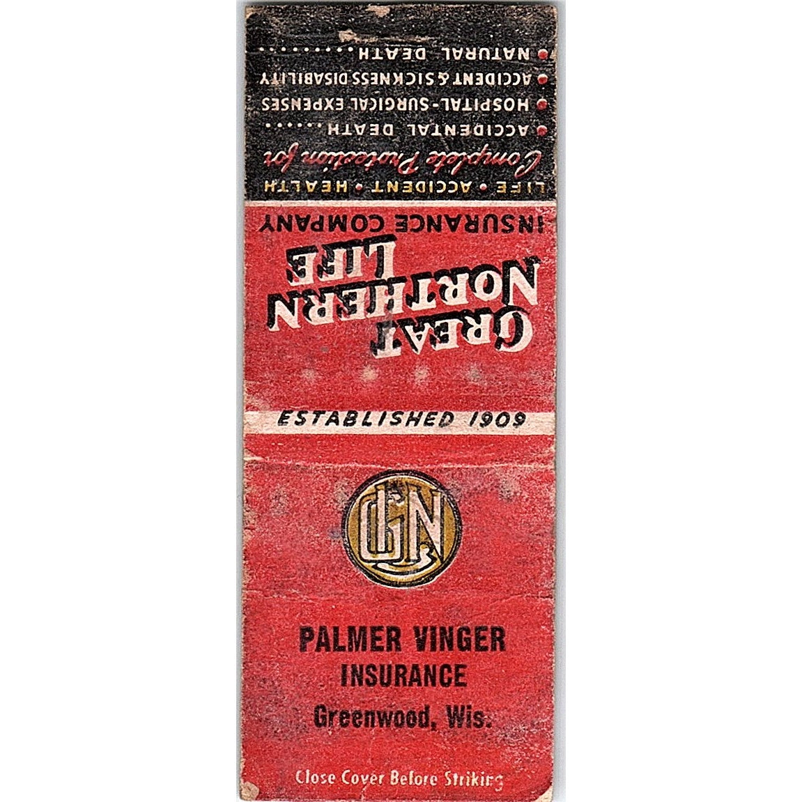 Great Northern Life Palmer Vinger Greenwood WI Vintage Matchbook Cover MM11-9