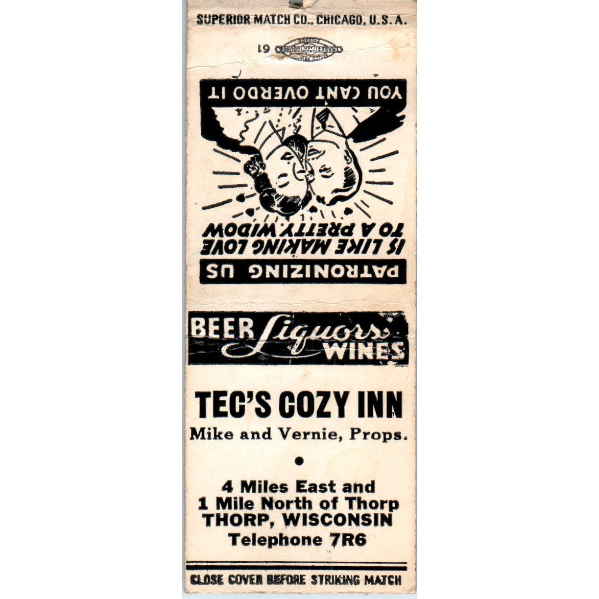 Tec's Cozy Inn Mike & Vernie Thorp Wisconsin Vintage Matchbook Cover SD4-Y8