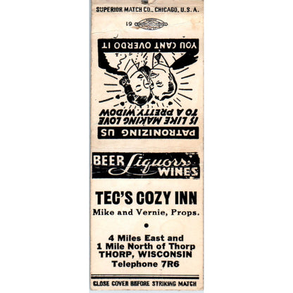Tec's Cozy Inn Mike & Vernie Thorp Wisconsin Vintage Matchbook Cover SD4-Y8