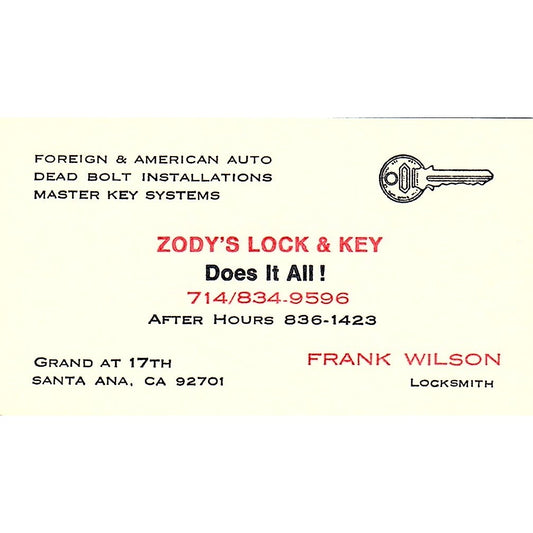 Zody's Lock & Key Frank Wilson Santa Ana CA Vintage Business Card SB4-B3
