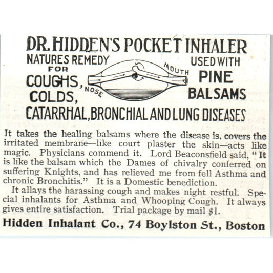 Dr. Hidden's Pocket Inhaler Remedy Boston MA 1903 Magazine Ad AF2-O4