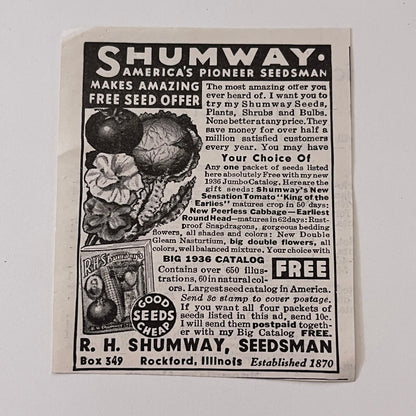 R.H. Shumway, Seedsman America's Pioneer Seedsman Rockford IL 1936 Ad SAG4-M4