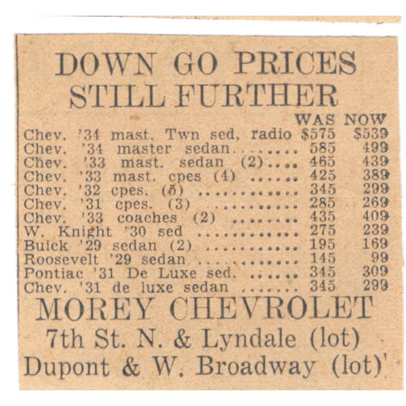 Morey Chevrolet Lyndale, W. Broadway 1935 Minneapolis Journal Ad AE7-H3