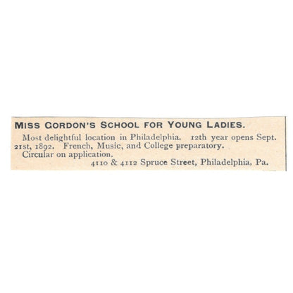 Miss Gordon's School for Young Ladies Philadelphia PA 1892 Magazine Ad AB6-S4