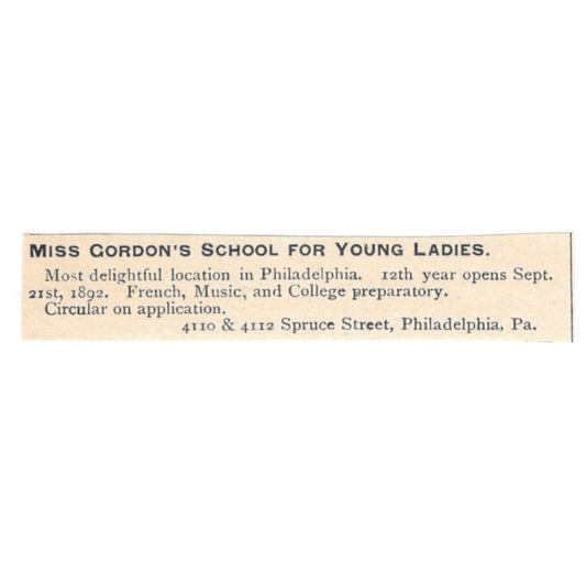 Miss Gordon's School for Young Ladies Philadelphia PA 1892 Magazine Ad AK6-S4