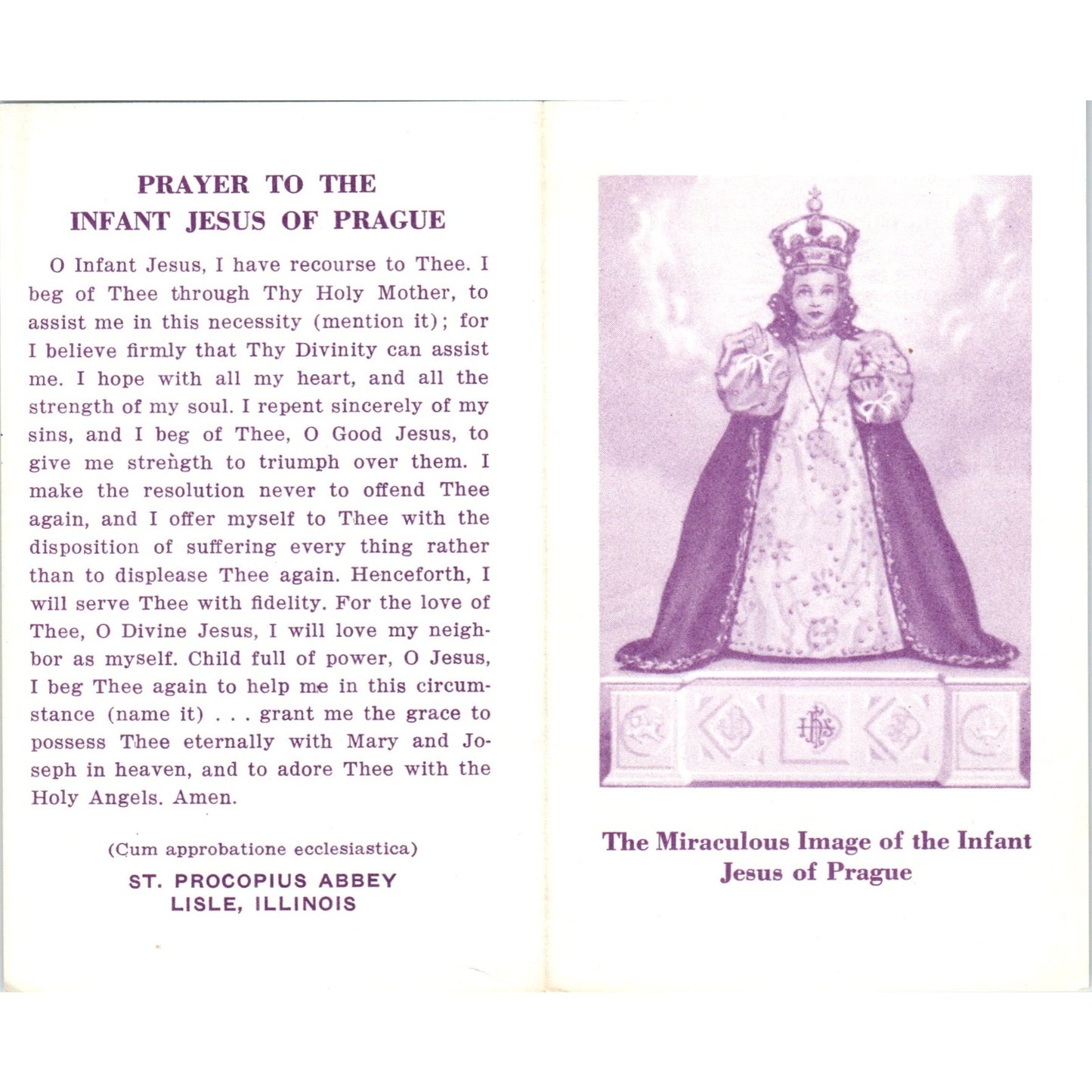 Miraculous Image of the Infant Jesus of Prague Vintage Prayer Leaflet TH2-PC2