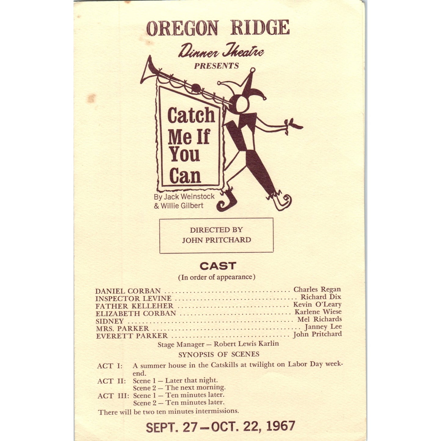 1967 Oregon Ridge Dinner Theatre Program - Catch Me if You Can Baltimore TH9-SX2