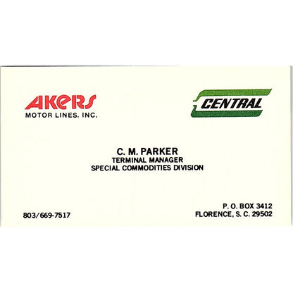 Akers Motor Lines Inc. C.M. Parker Florence S.C. Vintage Business Card SB4-B5