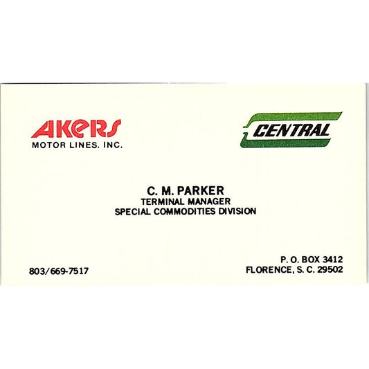 Akers Motor Lines Inc. C.M. Parker Florence S.C. Vintage Business Card SB4-B5